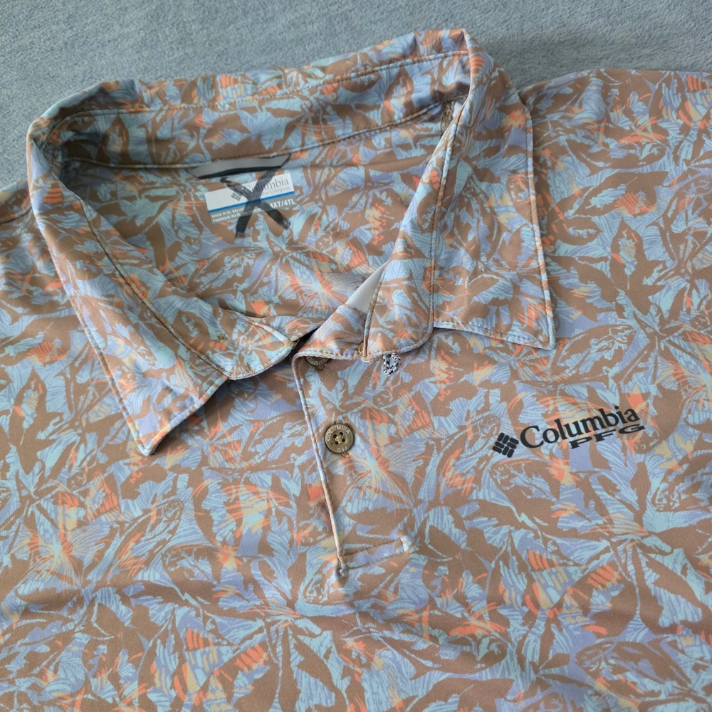 Columbia PFG Mens 4XT Polo Shirt Omni-Shade Tropical Fish Print Brown Blue